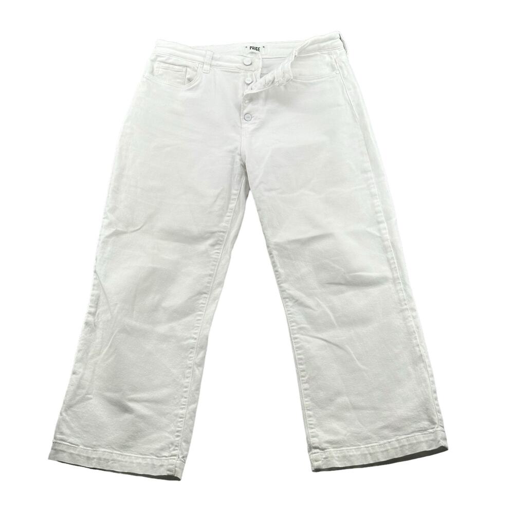 Paige Jeans Women 32 White Leenah Ankle Button Fly‎ Stretch Hi Rise Wide Leg